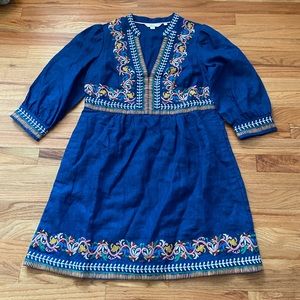 Boden 14 Petite Blue Multi Color V neck Embroidered Linen Dress. GORGEOUS